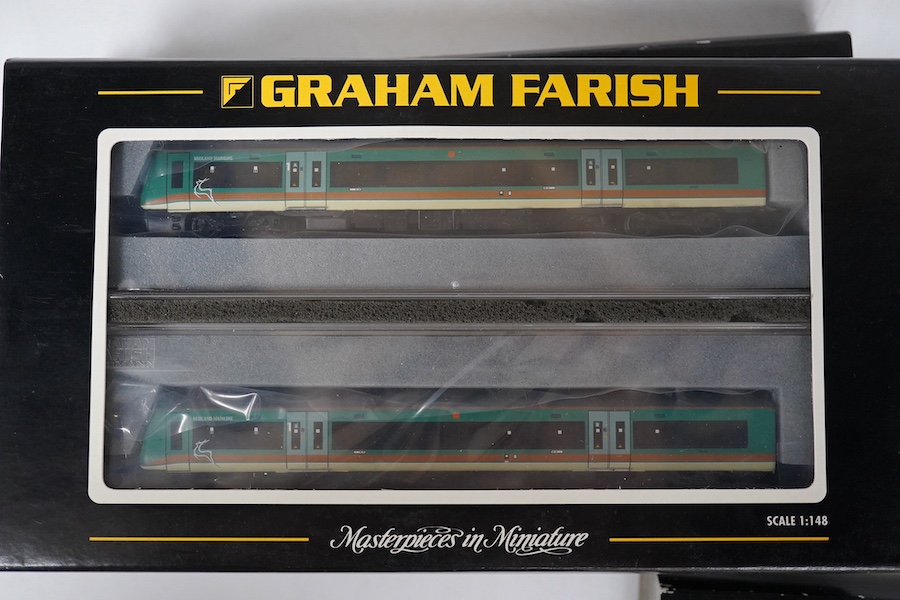 Three boxed Graham Farish N gauge railway DMU train packs; a South West Trains 170/4 2-car DMU (371-427), a Midland Mainline 170/1 Turbostar 2-car DMU (371-425), and a Central Trains Turbostar 170/5 2-car DMU (371-426).